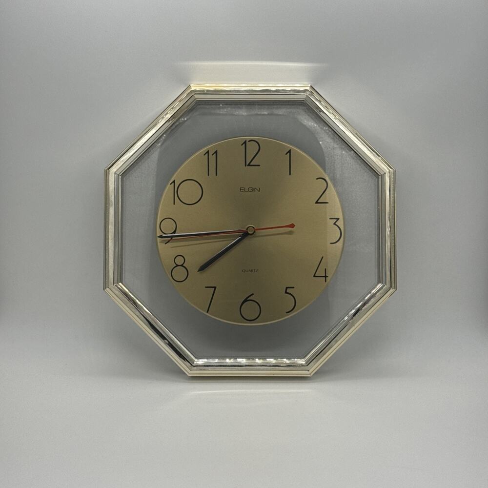 12 Inch Vintage Gold Tone Acrylic MCM 80's Retro Elgin Quartz Wall Clock, Works!